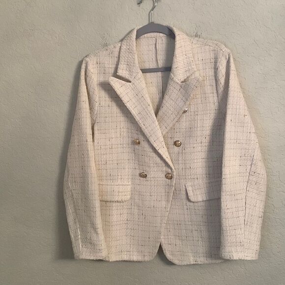 Shein Tweed White Embellished Blazer Size 12 - Picture 1 of 14